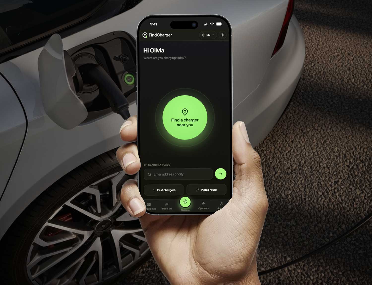 FindCharger EV charging app for Europe shown on a mobile